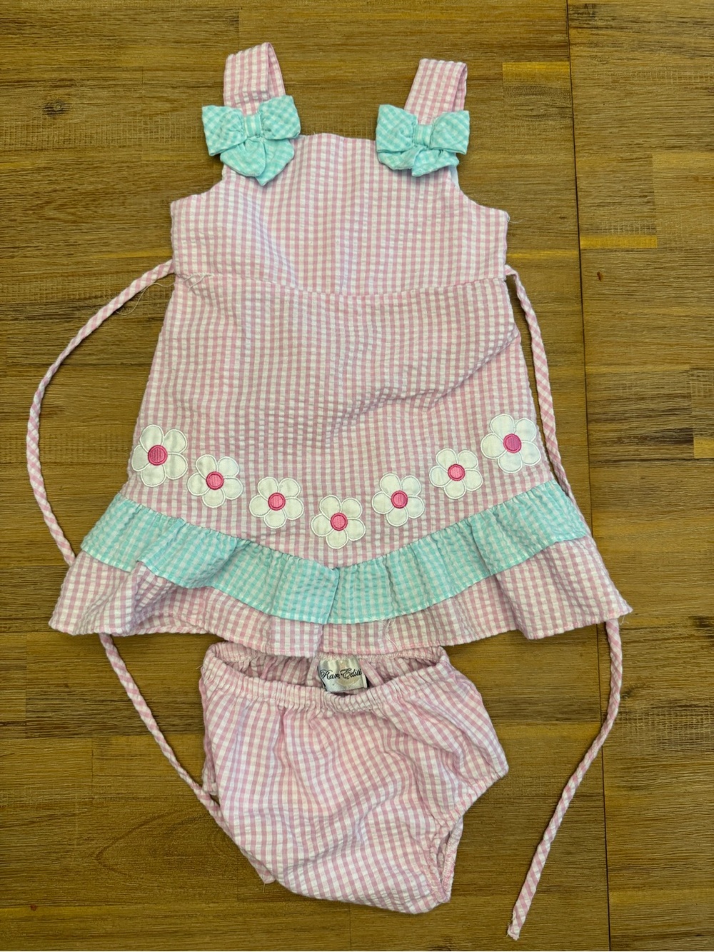 Rare Editions Pink Gingham Dress with Aqua Bow and Floral Trim